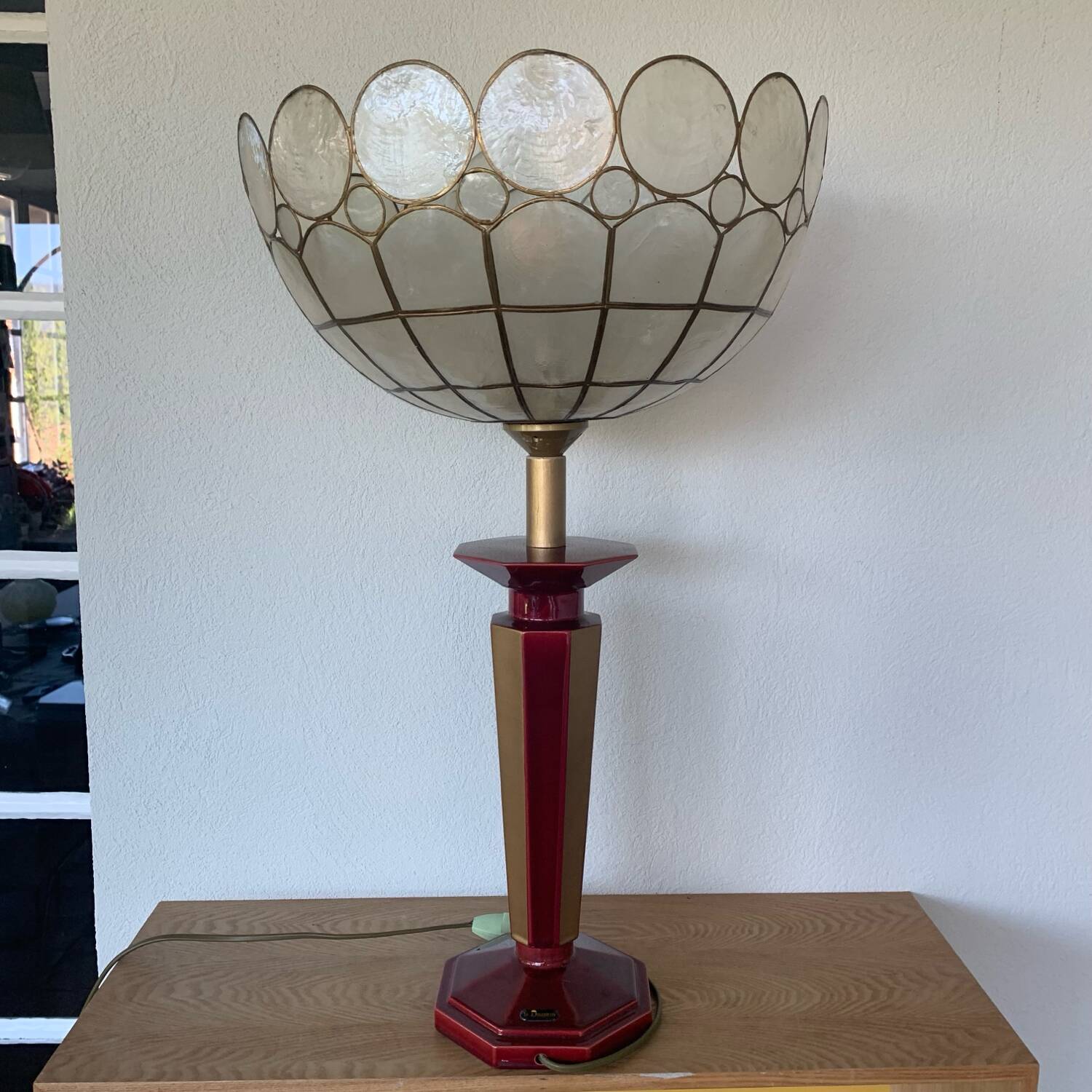 ▪️Vintage Lamp Le Dauphin Ceramic Bordeaux and Gold and Mother-of-pearl Lampshade Art Deco