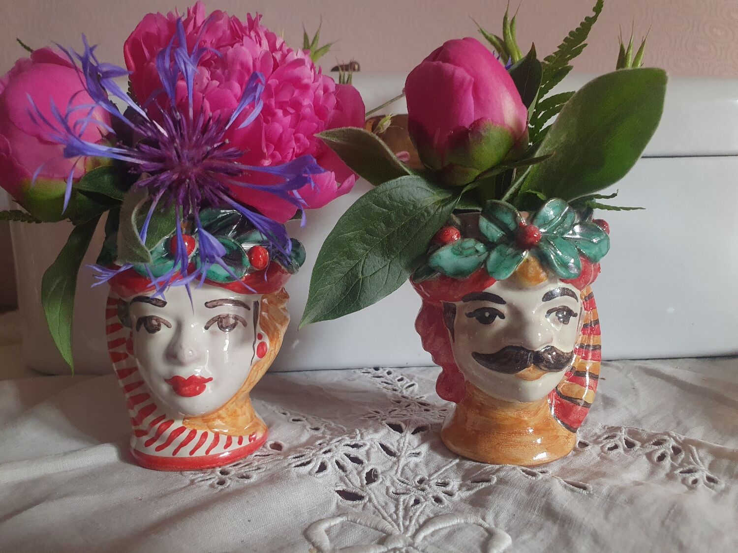 Set of 2 Sicilian vases ceramic heads of caltagirone