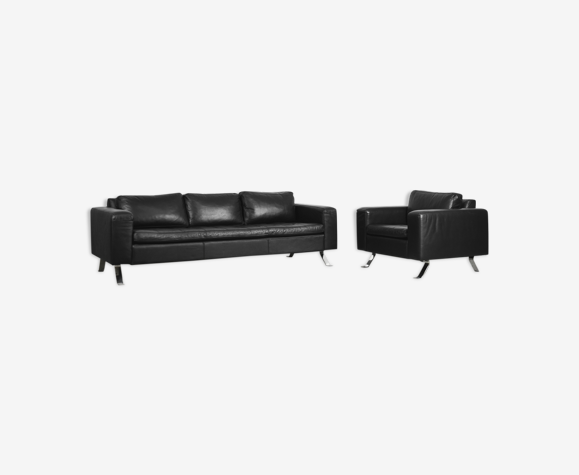 Minimalist black leather 3-seater sofa & armchair by Lind Furniture