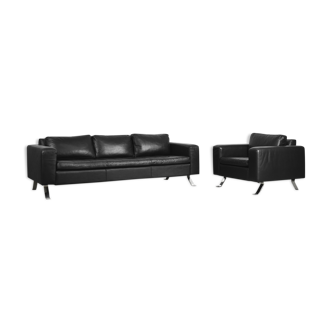 Minimalist black leather 3-seater sofa & armchair by Lind Furniture