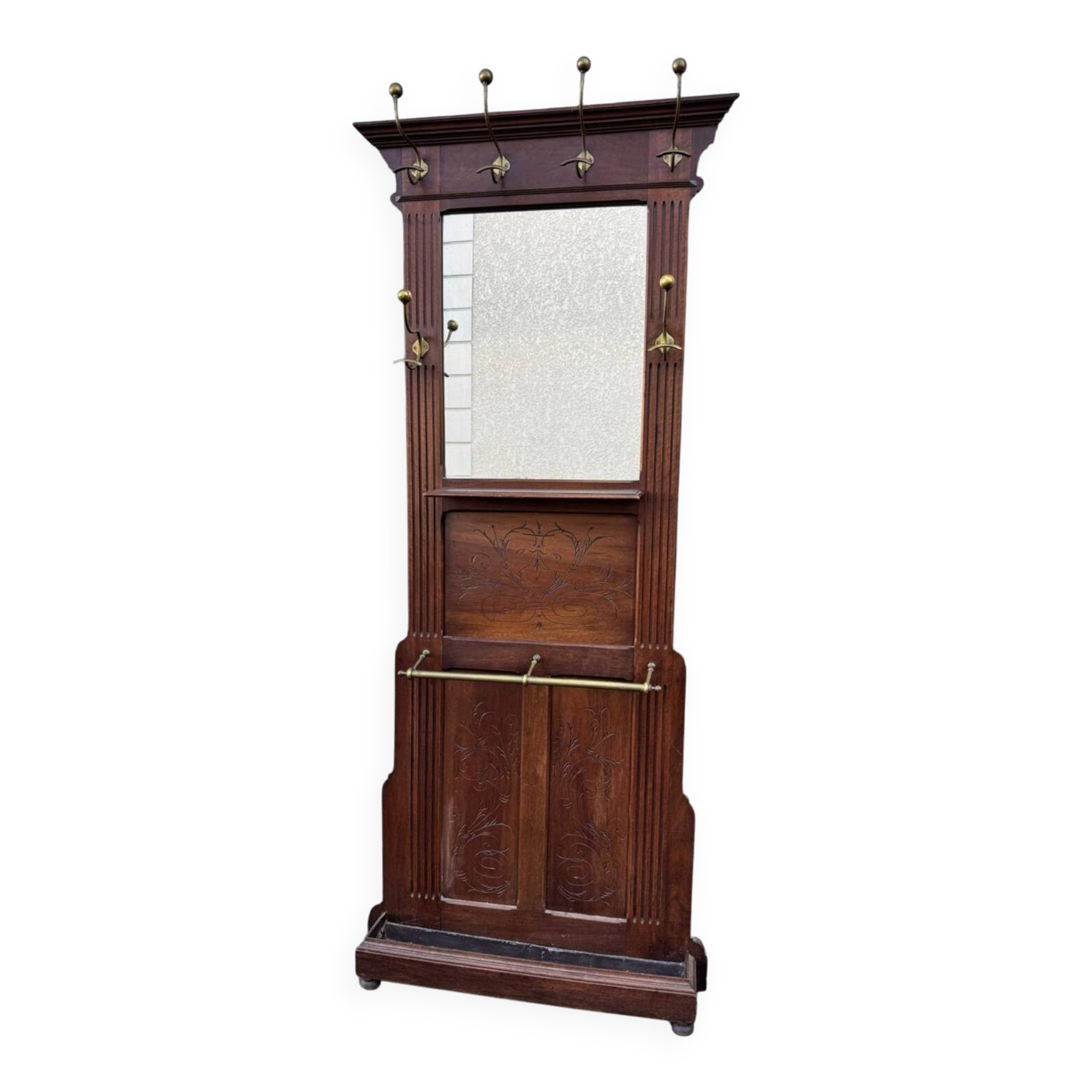 Antique hall coat rack – mirror, hooks & umbrella stand