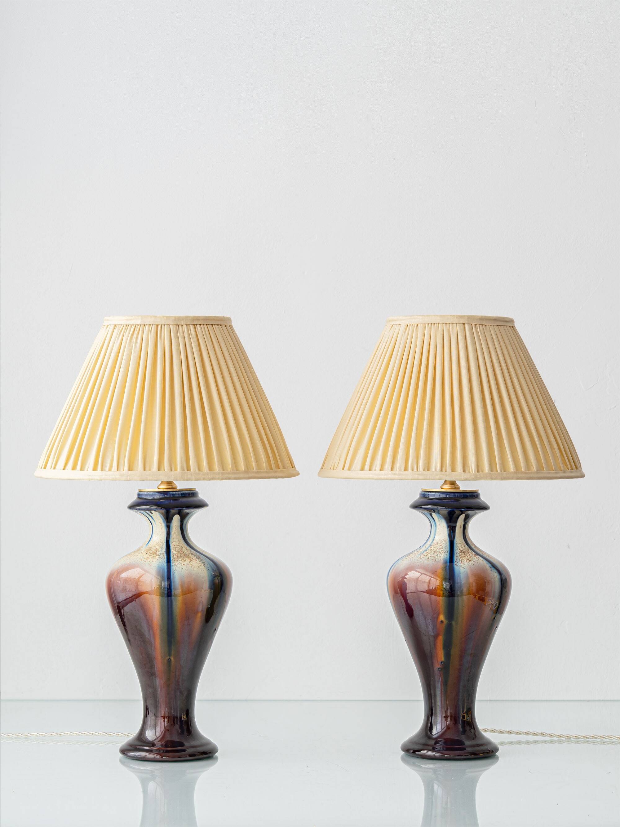 Belgian Art Deco Ceramic Table Lamps, Pair, Flambé Drip Glaze, New Silk Shades