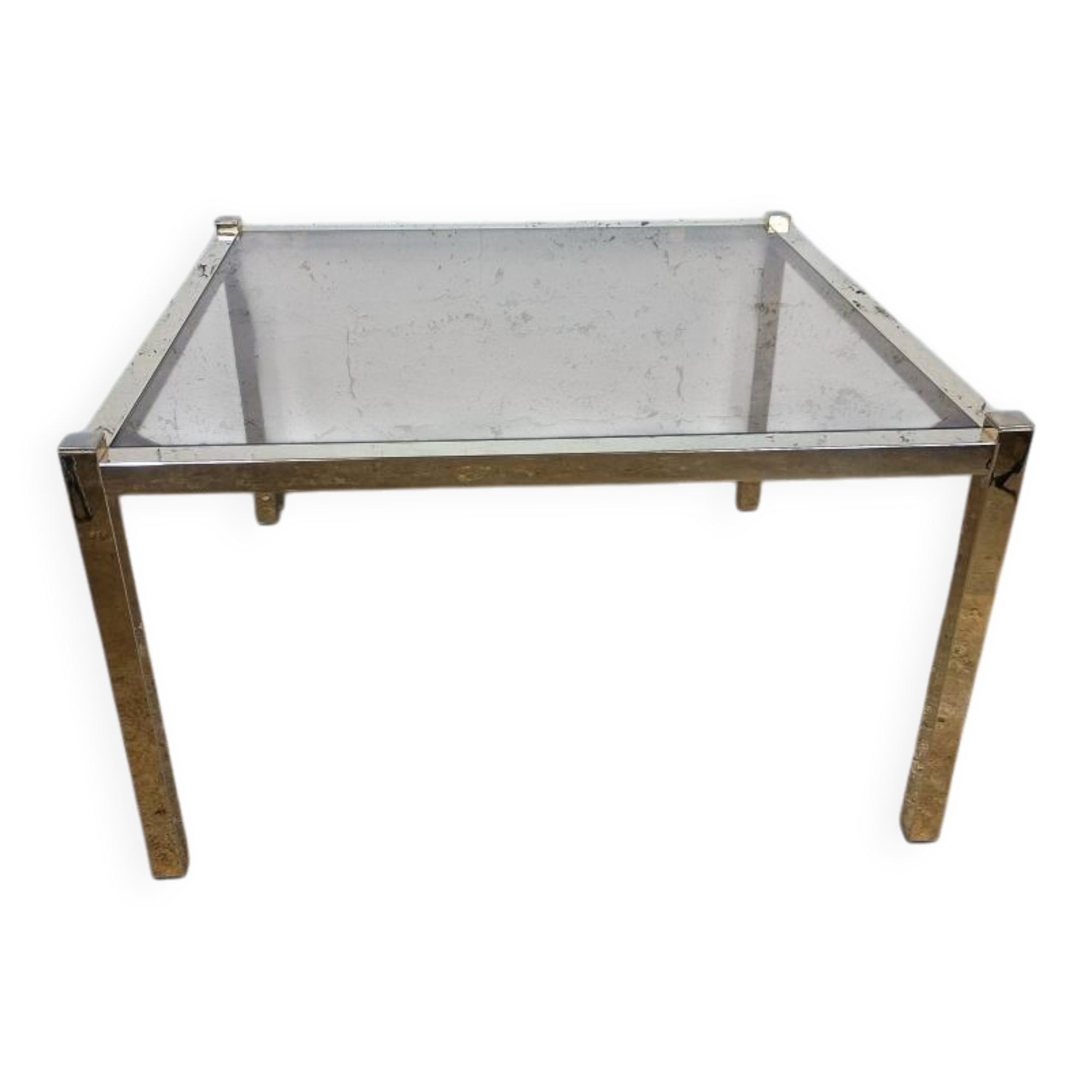 Table basse carrée chrome doré verre fumé années 70