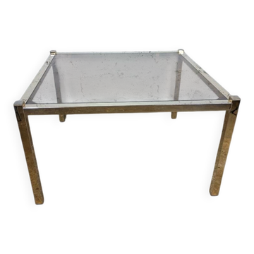 Square coffee table with gold chrome and smoked glass from the 1970s.