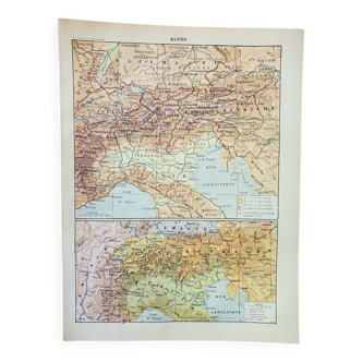 Lithographie ancienne 1898, Alpes, carte, montagne • Gravure, Planche originale