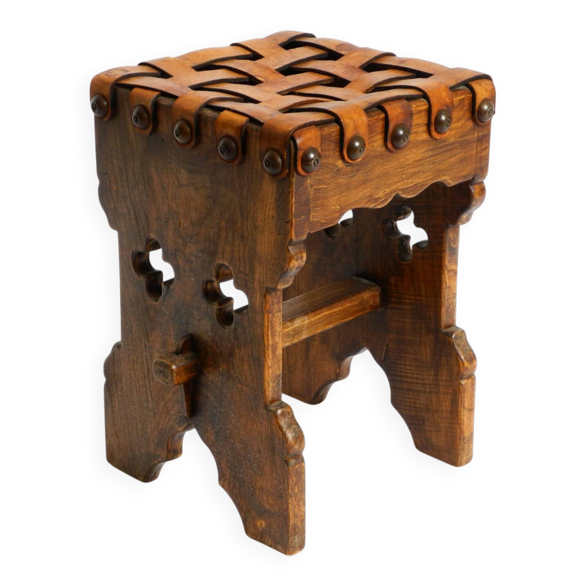 Beautiful 1940s oak stool with a seat made of leather straps
