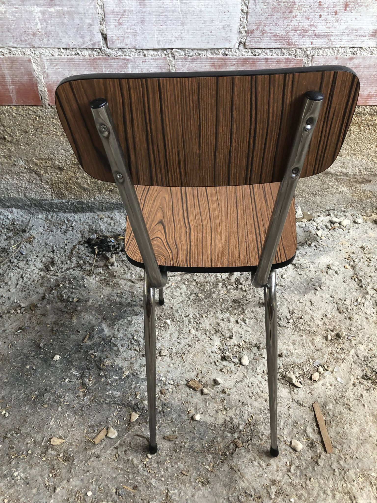 Old chair kitchen formica brown wood + feet compass metal chrome vintage