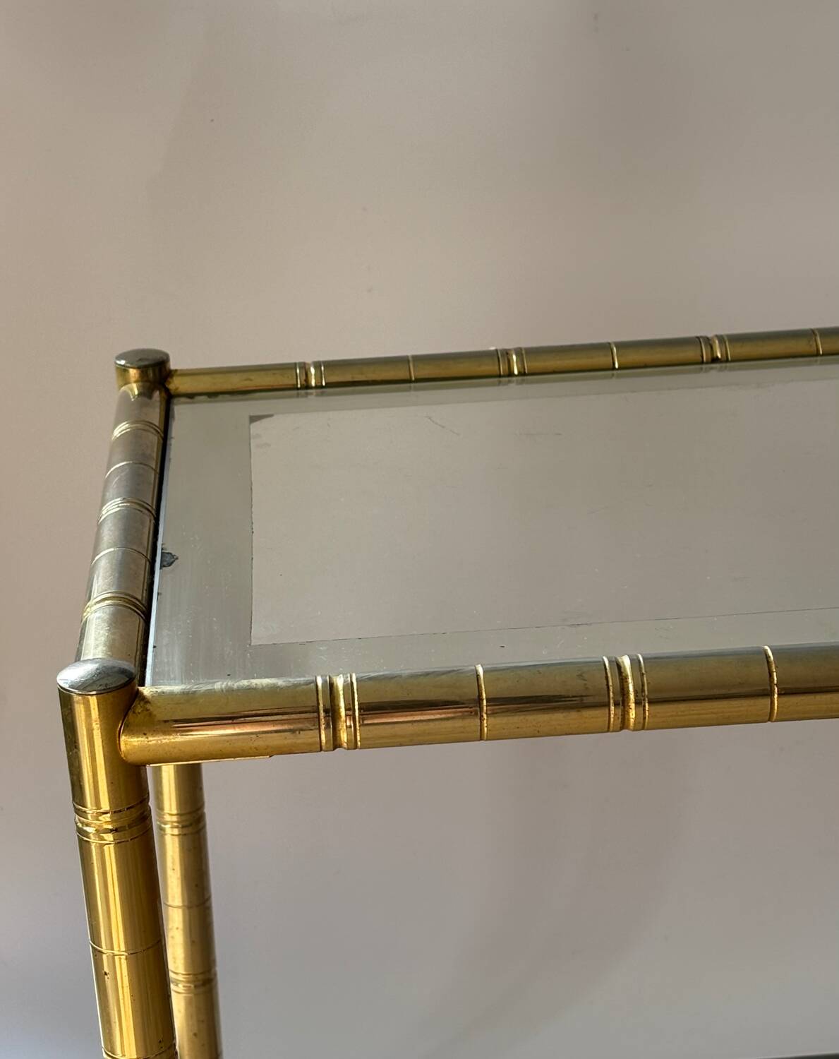 Gilded brass bamboo and smoked glass side table, France 1970