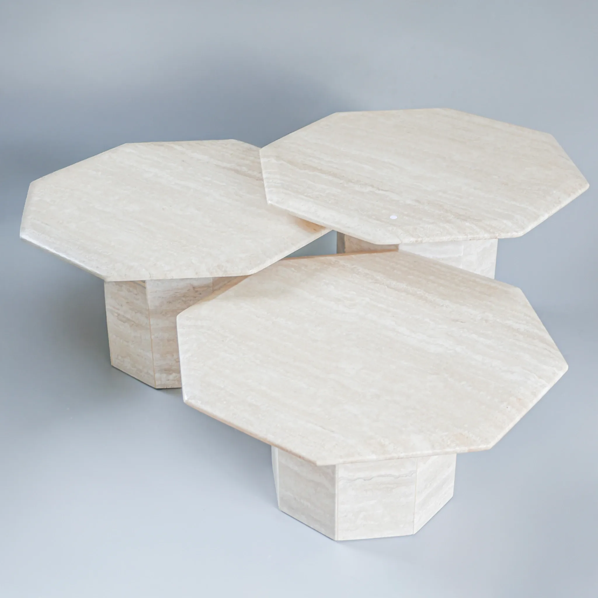 Set of 3 Travertine Octagonal Nesting Tables, 1970s.