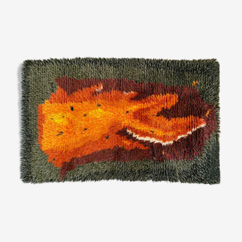 Green and orange Scandinavian Rya Rug, Vintage Wool Carpet 127x76cm