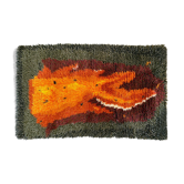 Green and orange Scandinavian Rya Rug, Vintage Wool Carpet 127x76cm