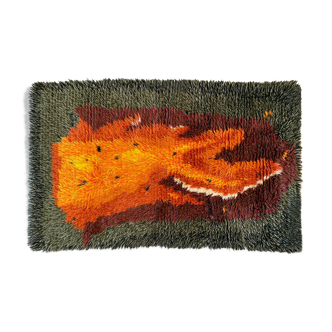 Tapis Rya scandinave vert et orange, tapis vintage en laine 127x76cm