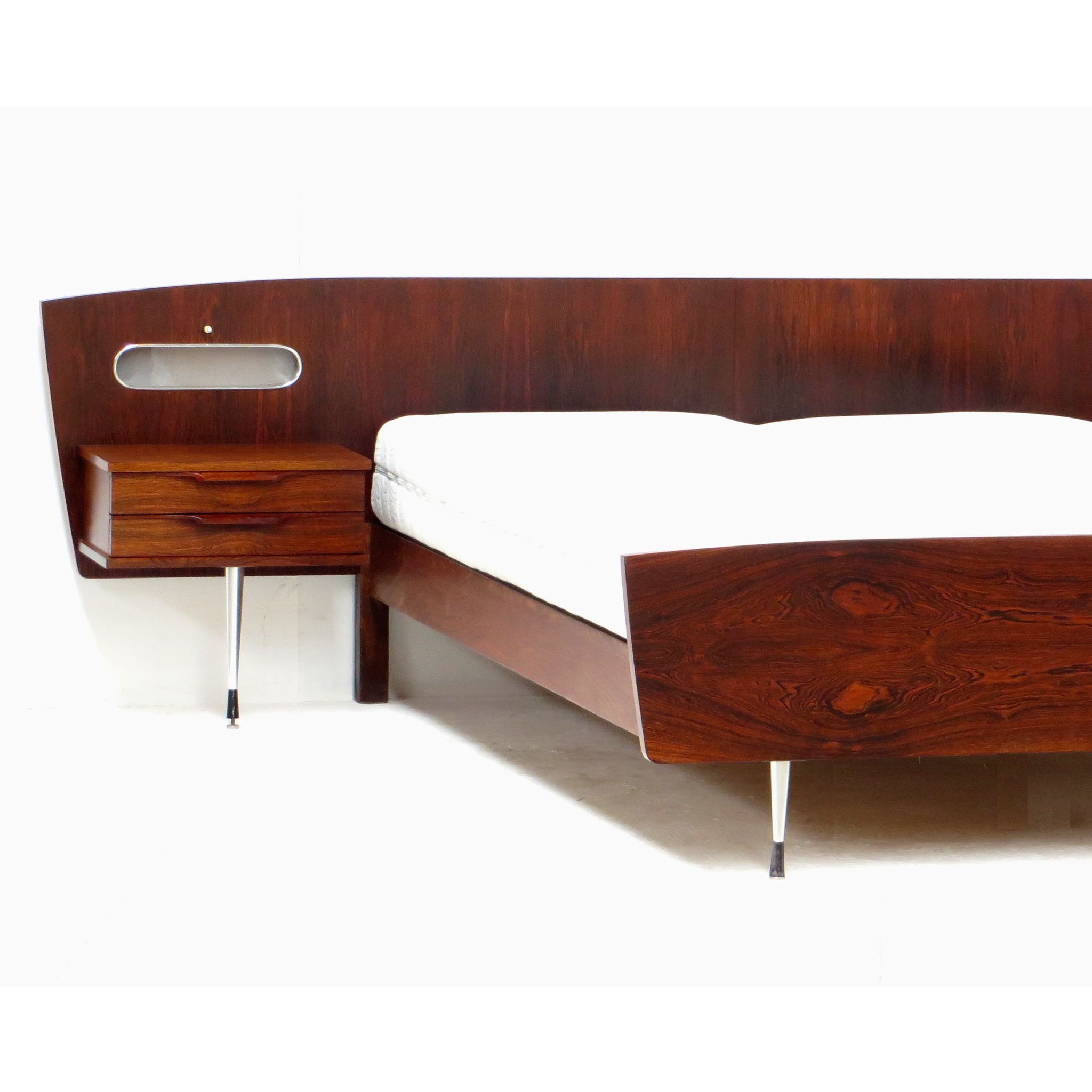 Mid century modern double bed with nightstands made of high quality rio rosewood, 1960s