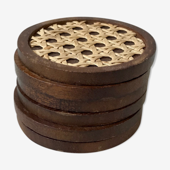 Ensemble de 6 dessous de verre en bois et cannage années 70