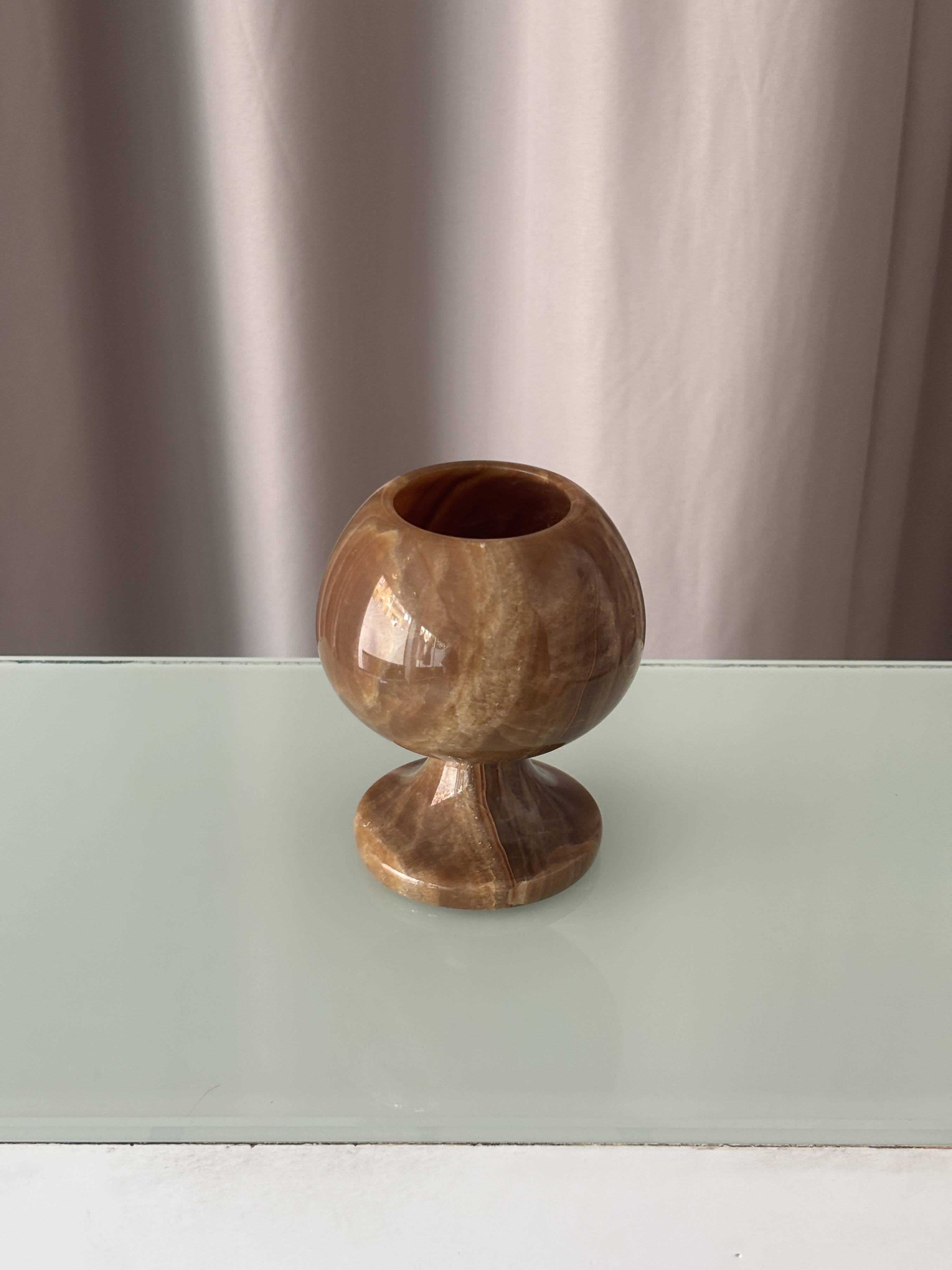 Vintage Hand-Carved Brown Onyx Pedestal Vessel