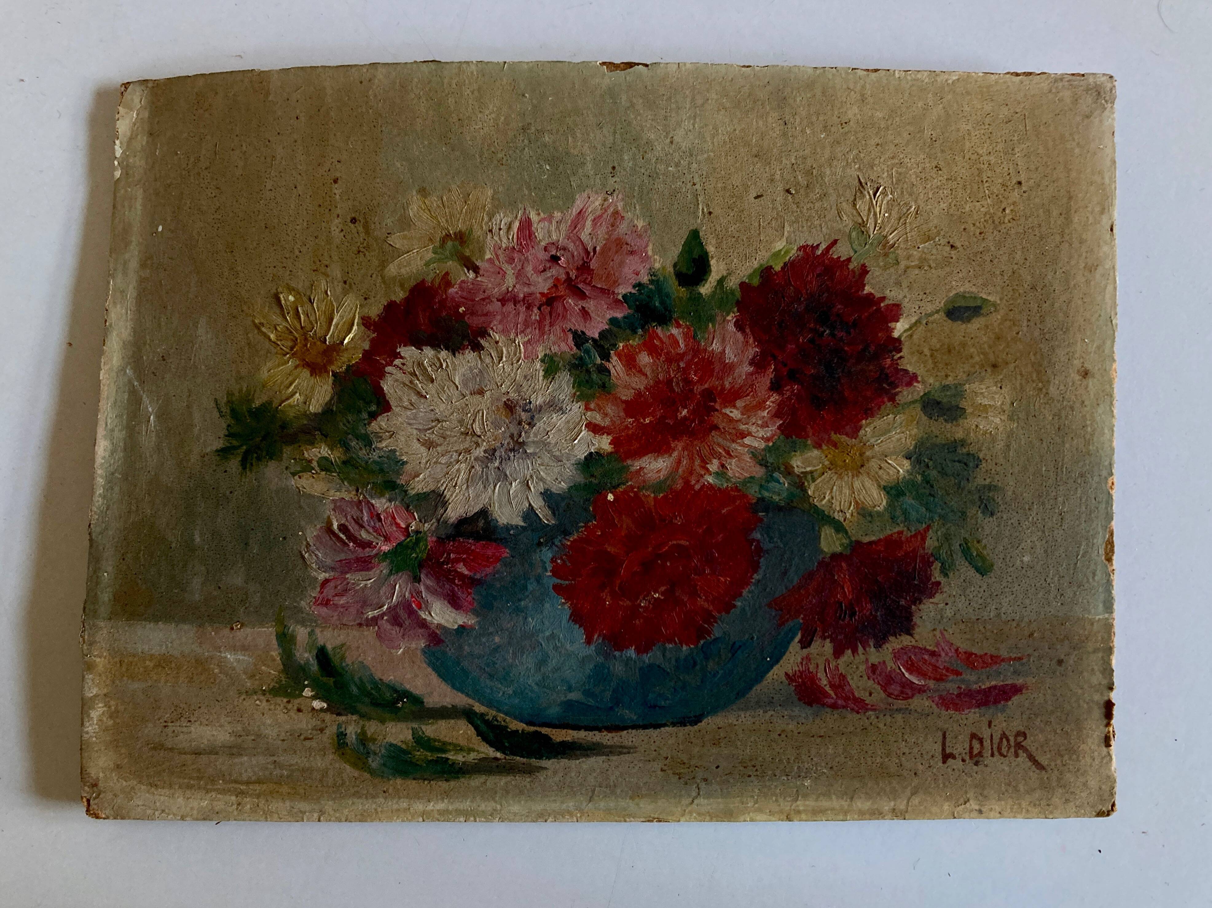 Oil on cardboard signed Dior dahlias 1950