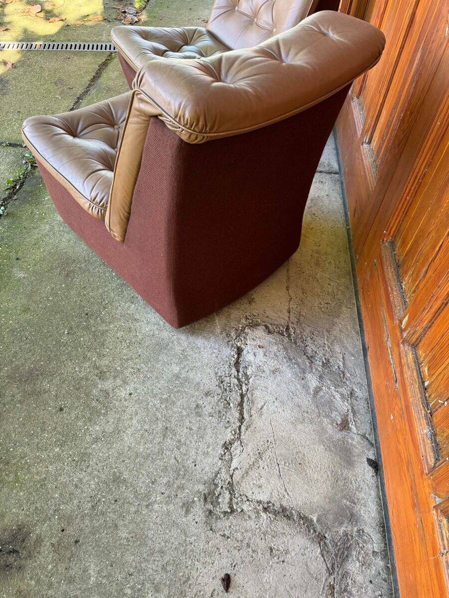 Pair of Mid-Century armchairs in brown leather and fabric, 1960s, Czech Republic.