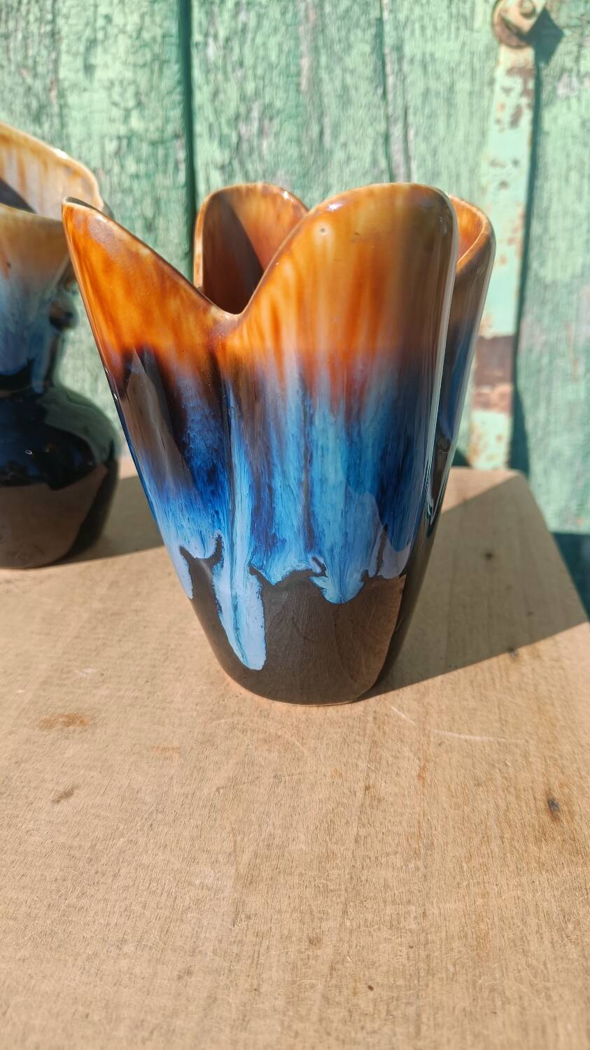 "Pair of vintage glazed ceramic vases – blue flamed glaze – ann"