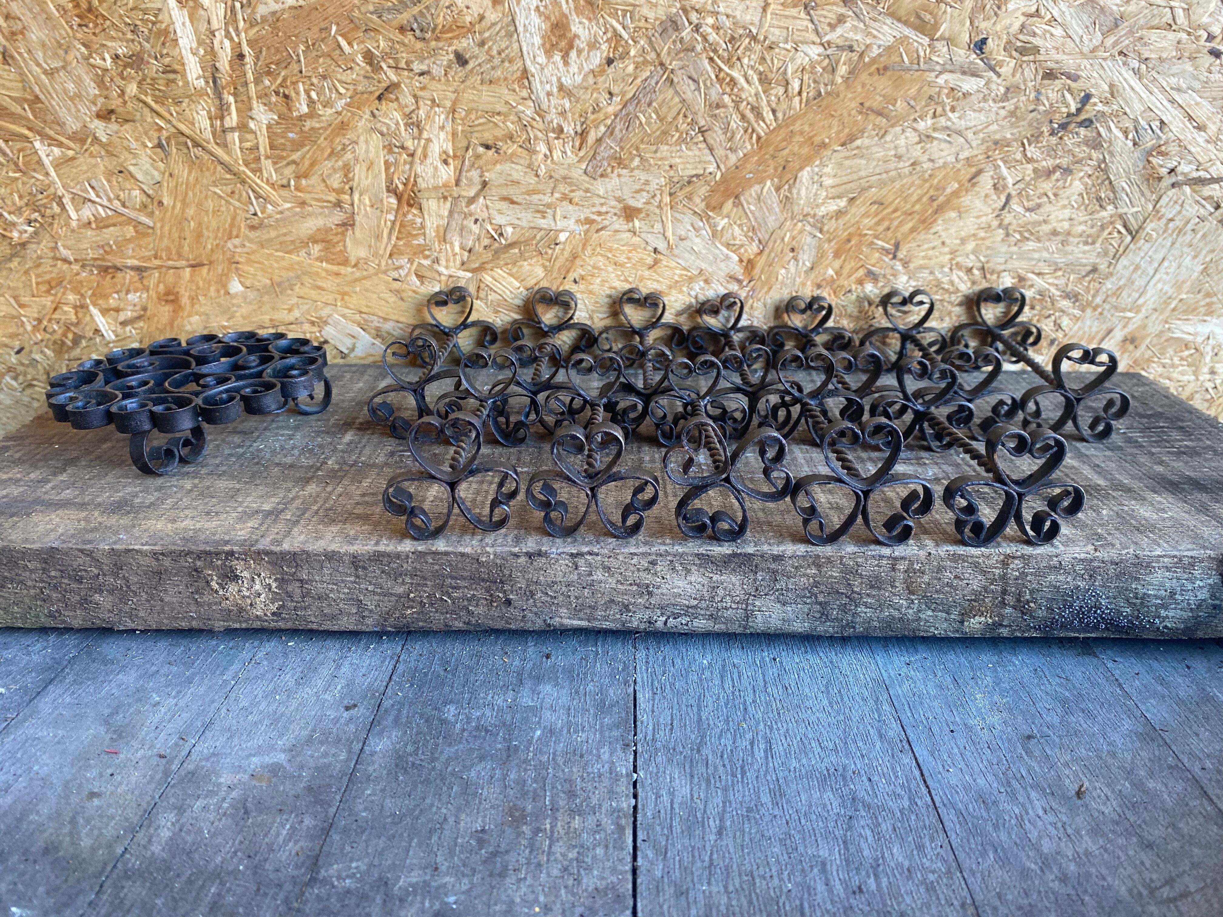 Service Table Under Plate + 12 Old Forged Iron Knife Holders Black