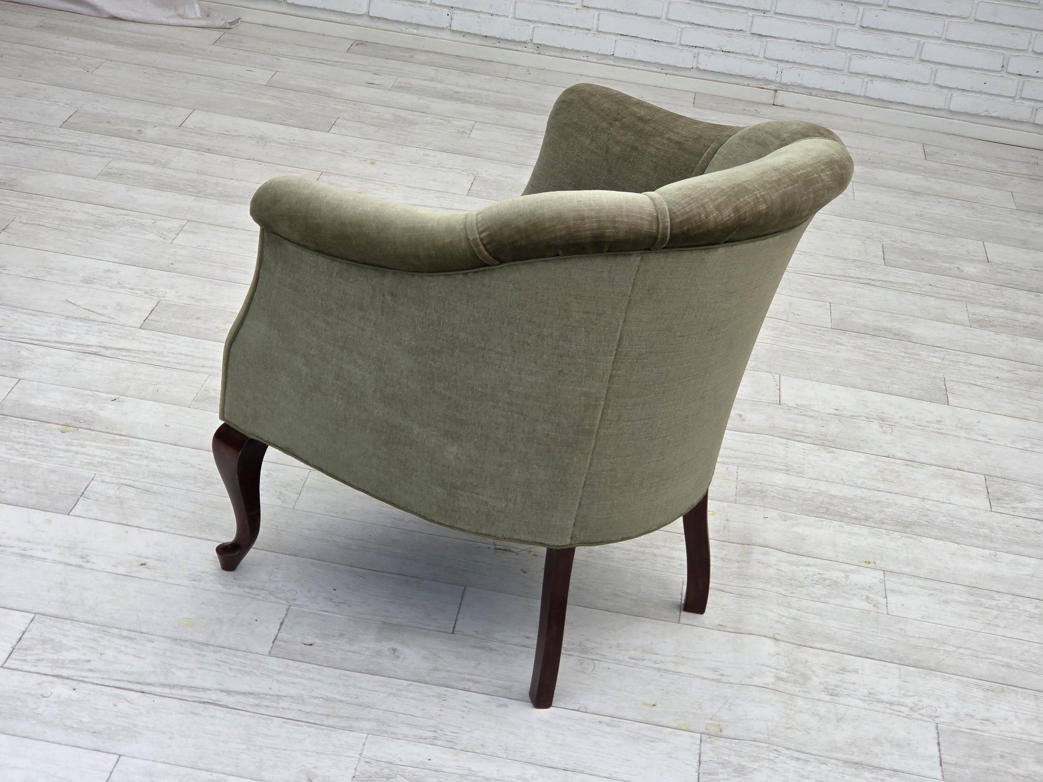 1960s, Danish armchair, green furniture velour, beech wood legs.