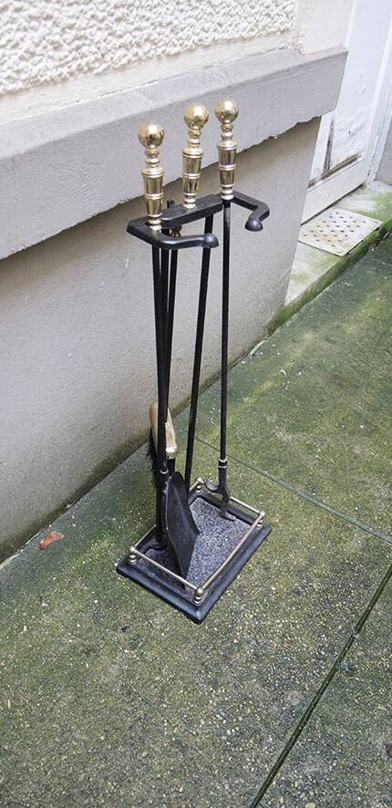 Old Wrought Iron & Brass Fireplace Servant - 3 Tools