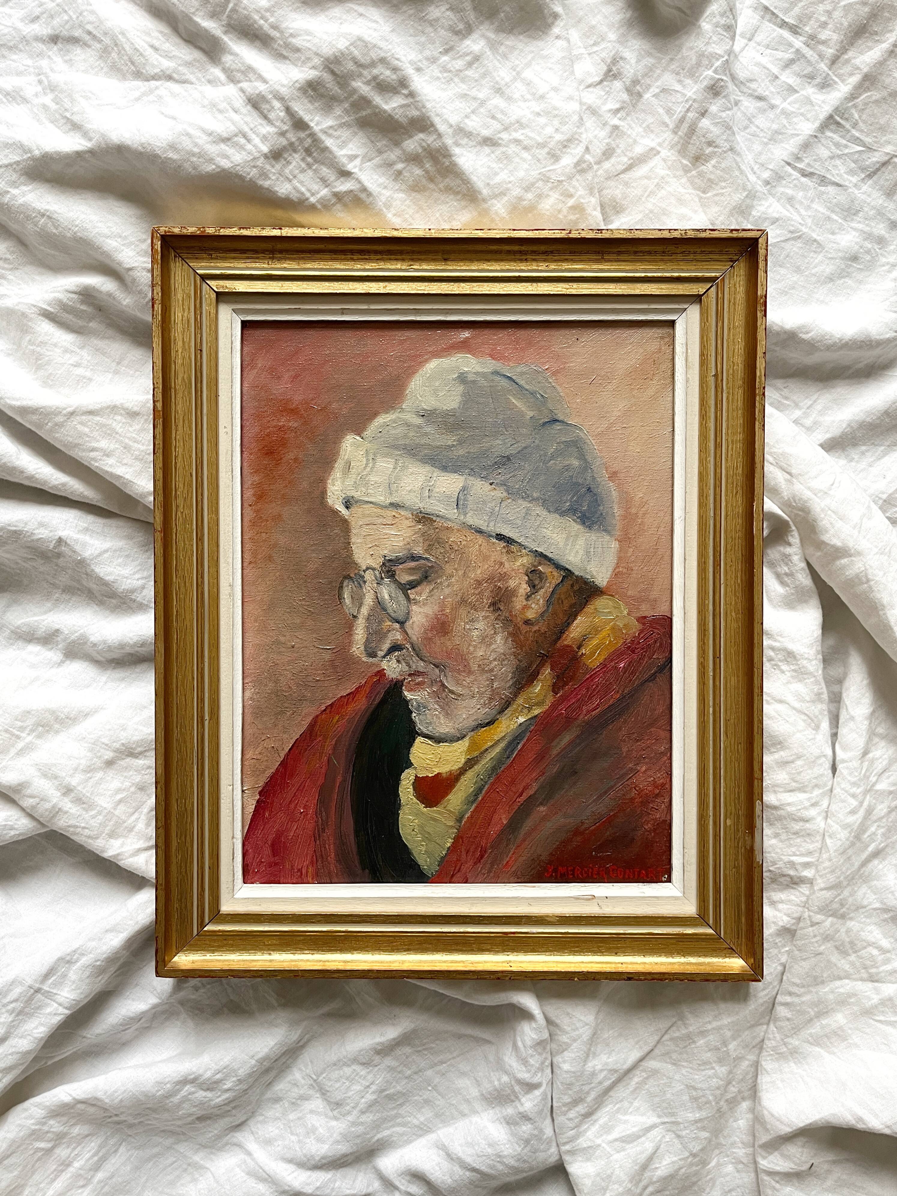 Antique painting, oil on canvas, portrait of a man, signed Y. Mercier Contart