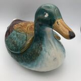 Central soup, dish and lid in polychrome enamelled ceramic, duck shape