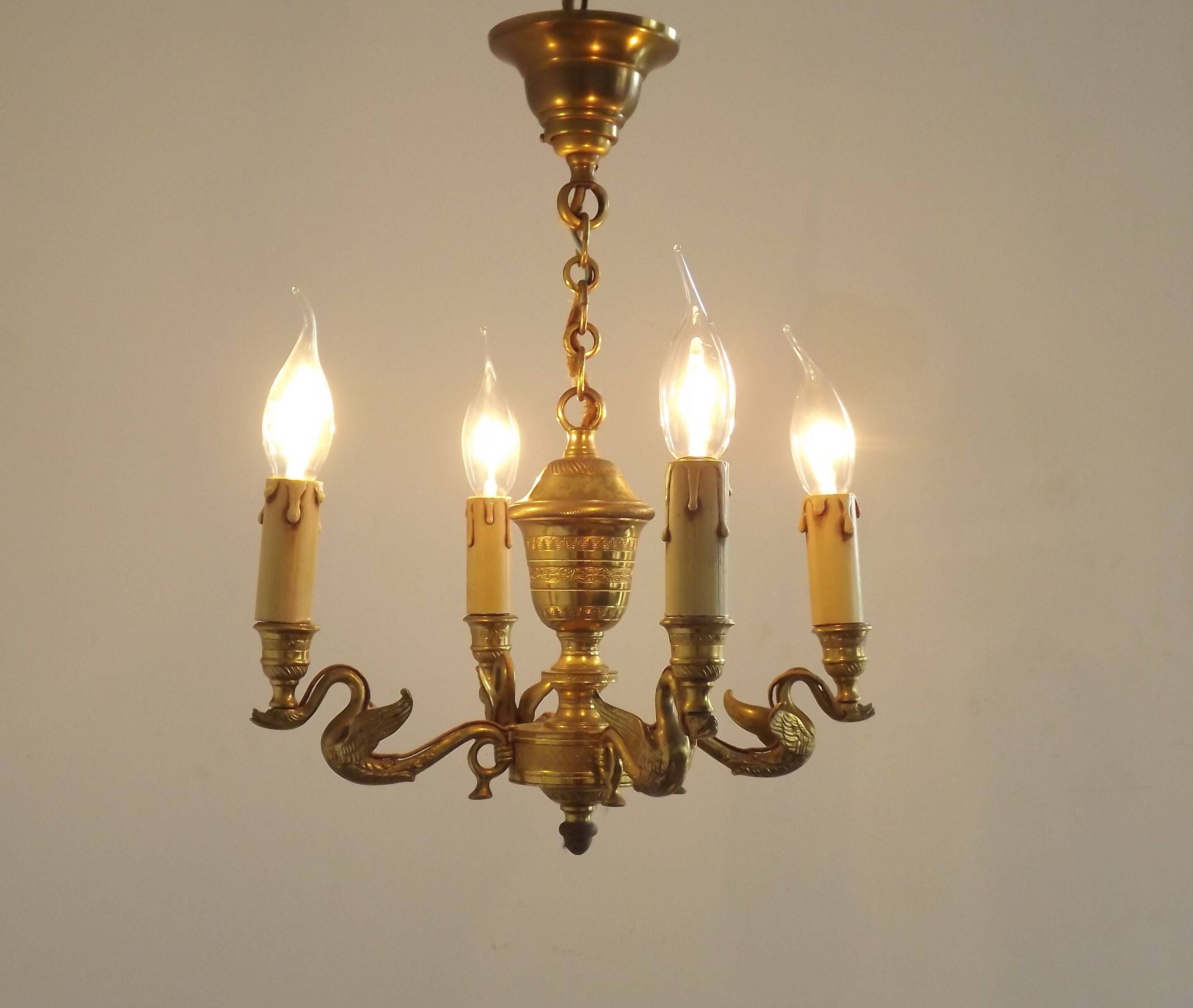 French Empire Style Bronze 4-Light Chandelier with Swan Detail Arms