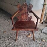 Ancienne chaise a accoudoirs/fauteuil en chêne sculpté- Art populaire fin du XIXe siècle