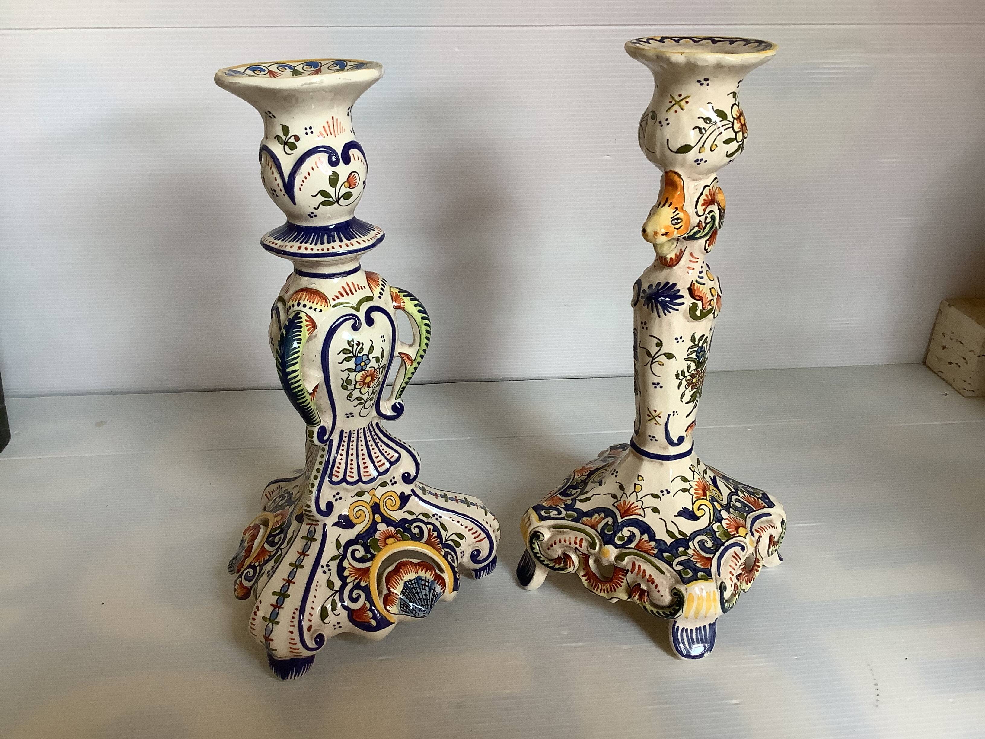 Pair of large old Rouen candlesticks