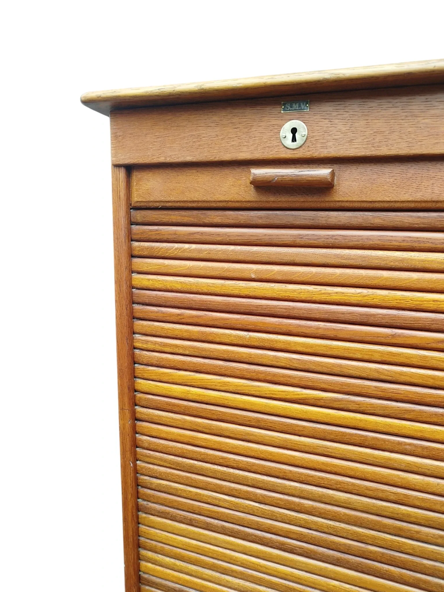 Oak tambour archive cabinet S.M.V. Silkeborg, Denmark 1920s–30s