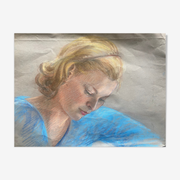 Tableau Pastel "femme à la lecture" vers 1950