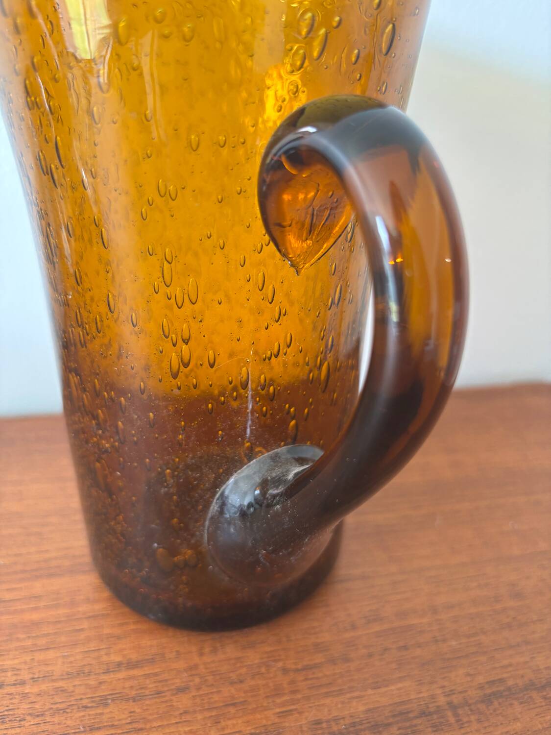 Amber bubble glass carafe signed Biot – mouth-blown – vintage fr