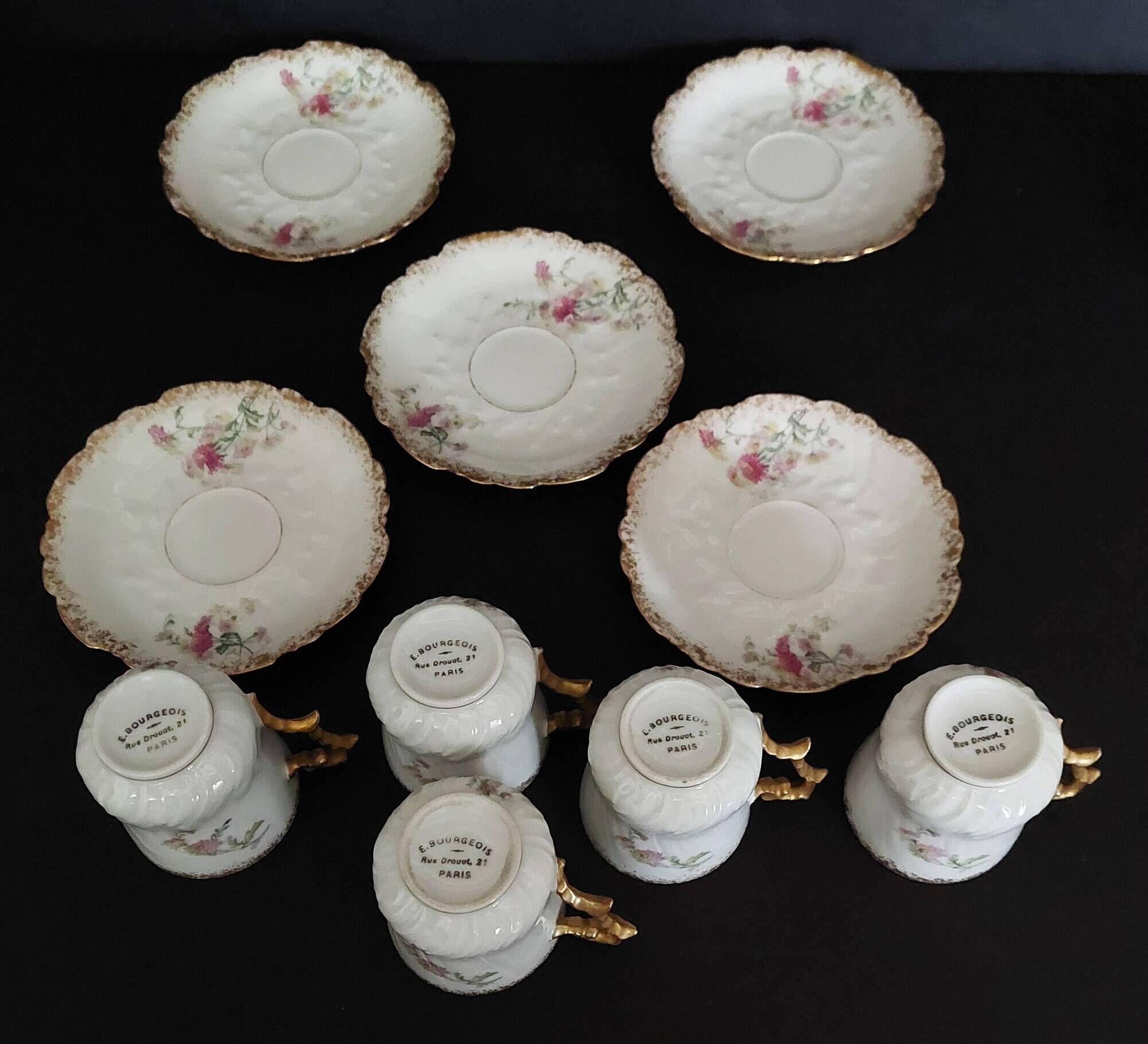 Series of five E. Bourgeois Paris porcelain coffee cups large deposit 1900