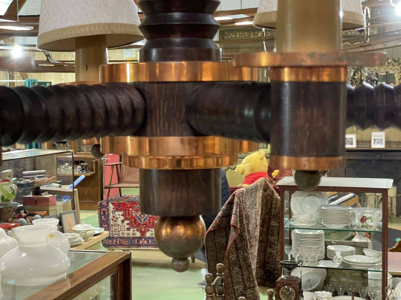 6-light oak chandelier from the 50s