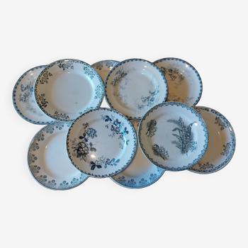 Lot 10 assiettes plates terre de fer tons verts bleus