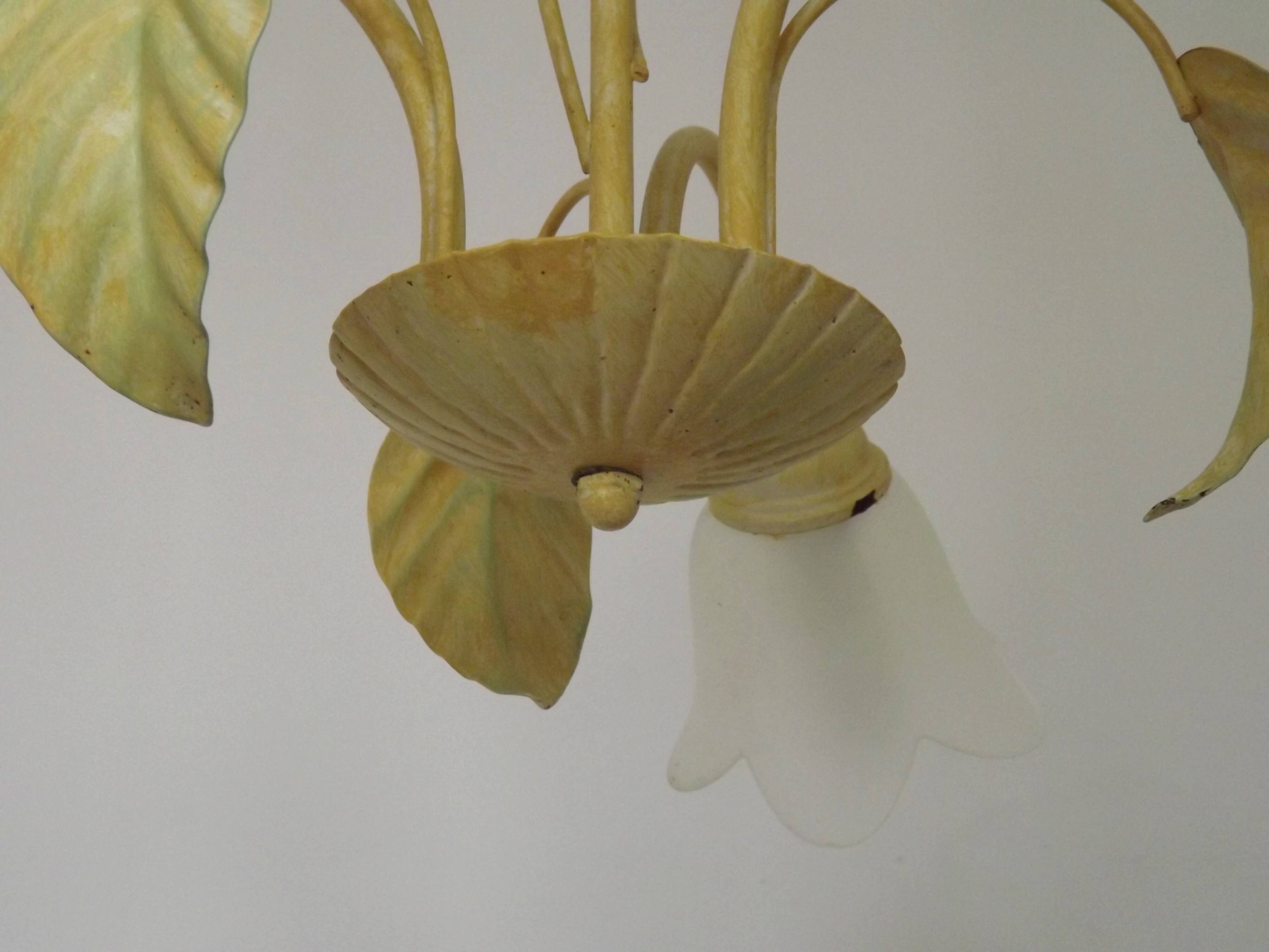 French vintage chandelier with 3 lights in leaf green metal and glass shades 5516