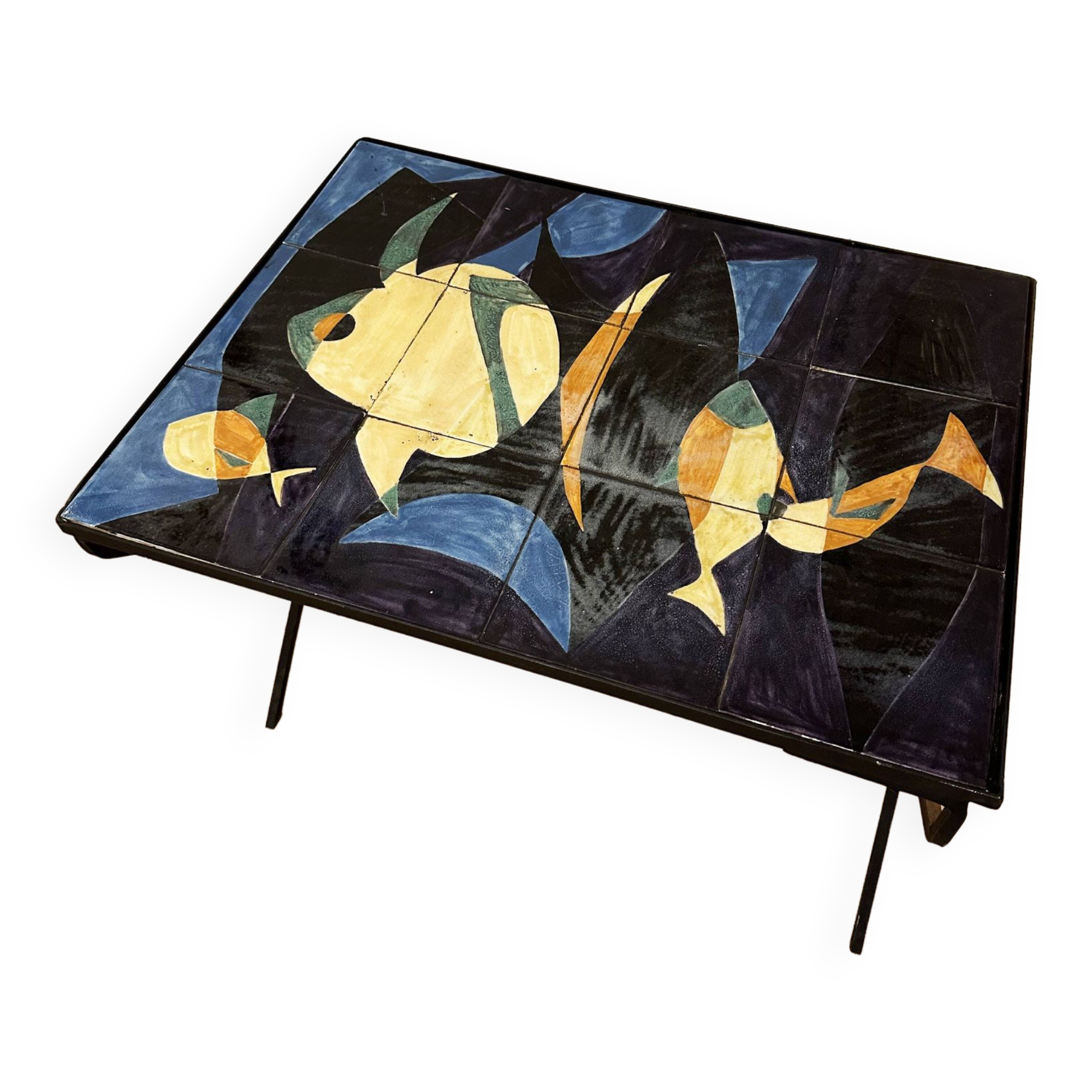 Coffee table with hand-painted ceramic top. France, 1950s