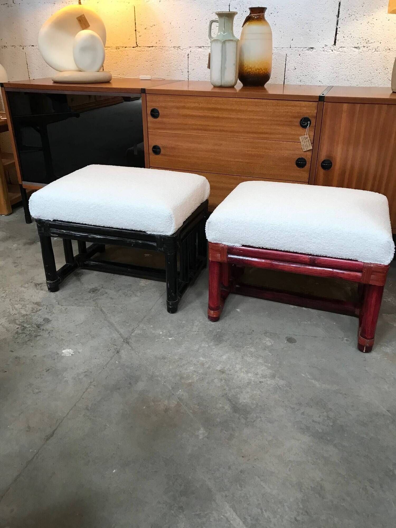 Maugrion rattan poufs for Roche Bobois vintage 70s