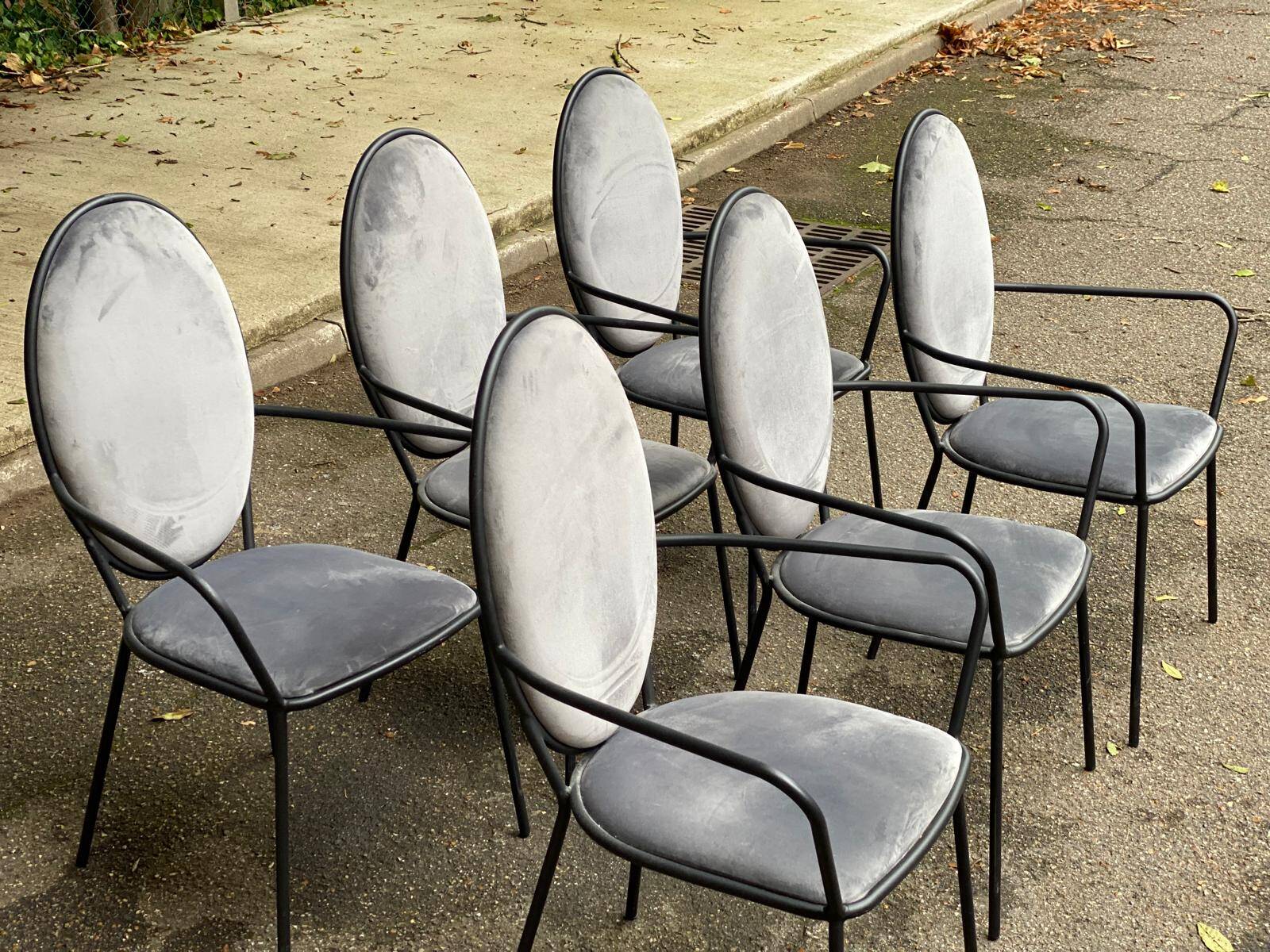 6 black and grey velvet medallion dining chairs with armrests