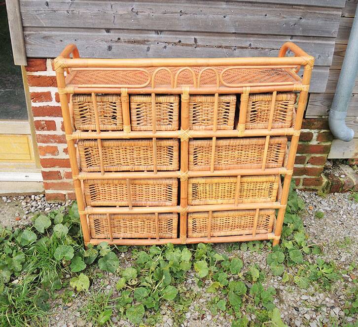 Ancienne Commode en Rotin / Osier Clair 10 Tiroirs