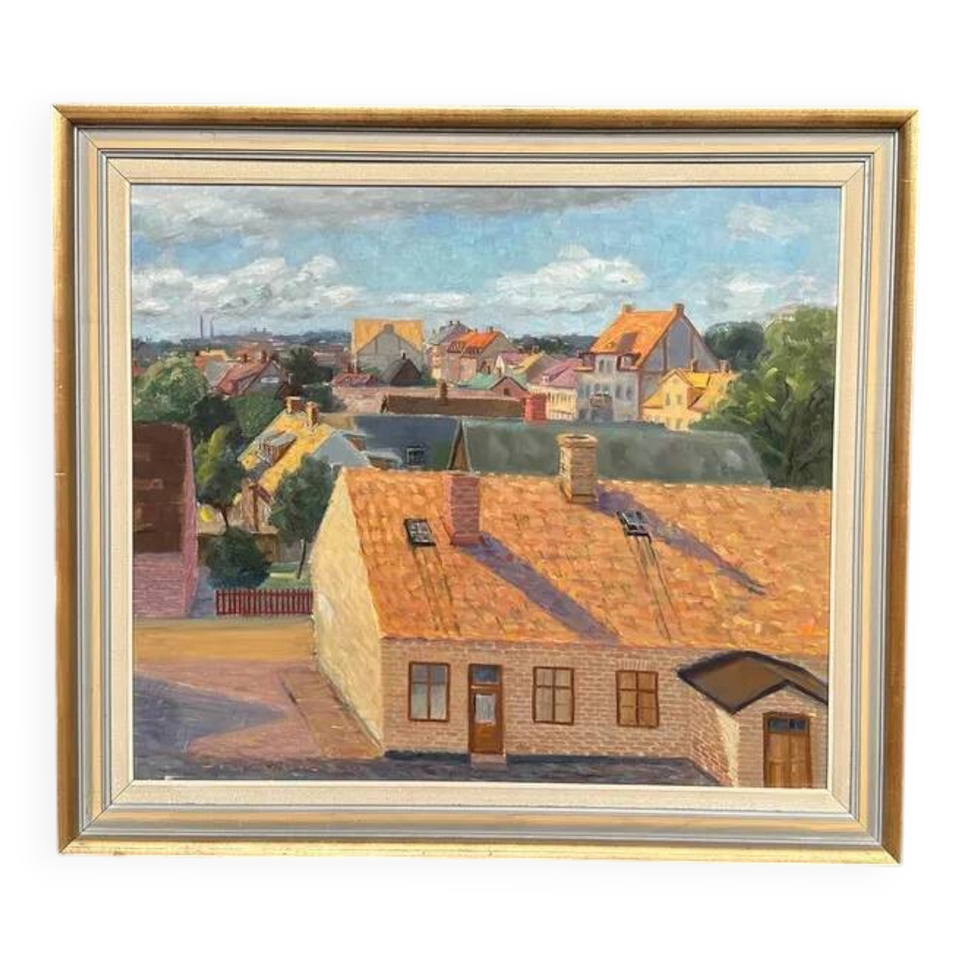 Large Original Swedish Oil on Panel – "Urban Landscape" by Wilhelm Matton – Signed – Dated 1947 – Framed – 83 × 73 cm (32.7 in × 28.7 in)