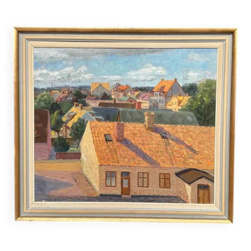 Large Original Swedish Oil on Panel – "Urban Landscape" by Wilhelm Matton – Signed – Dated 1947 – Framed – 83 × 73 cm (32.7 in × 28.7 in)