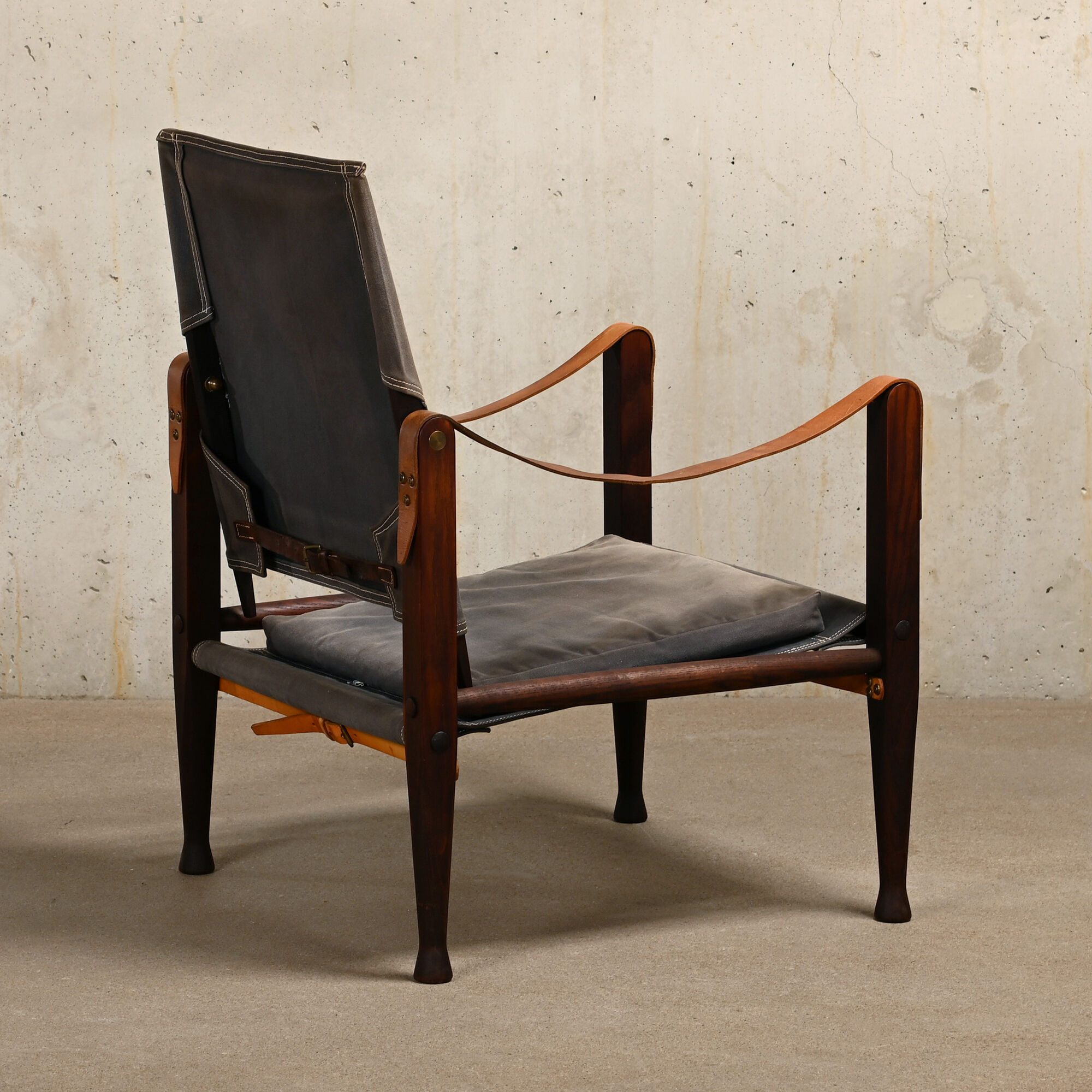 Kaare Klint Safari Chair in Grey Canvas and Dark Stained Ash for Rud Rasmussen