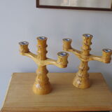 Set of 2 three-armed wooden candlesticks