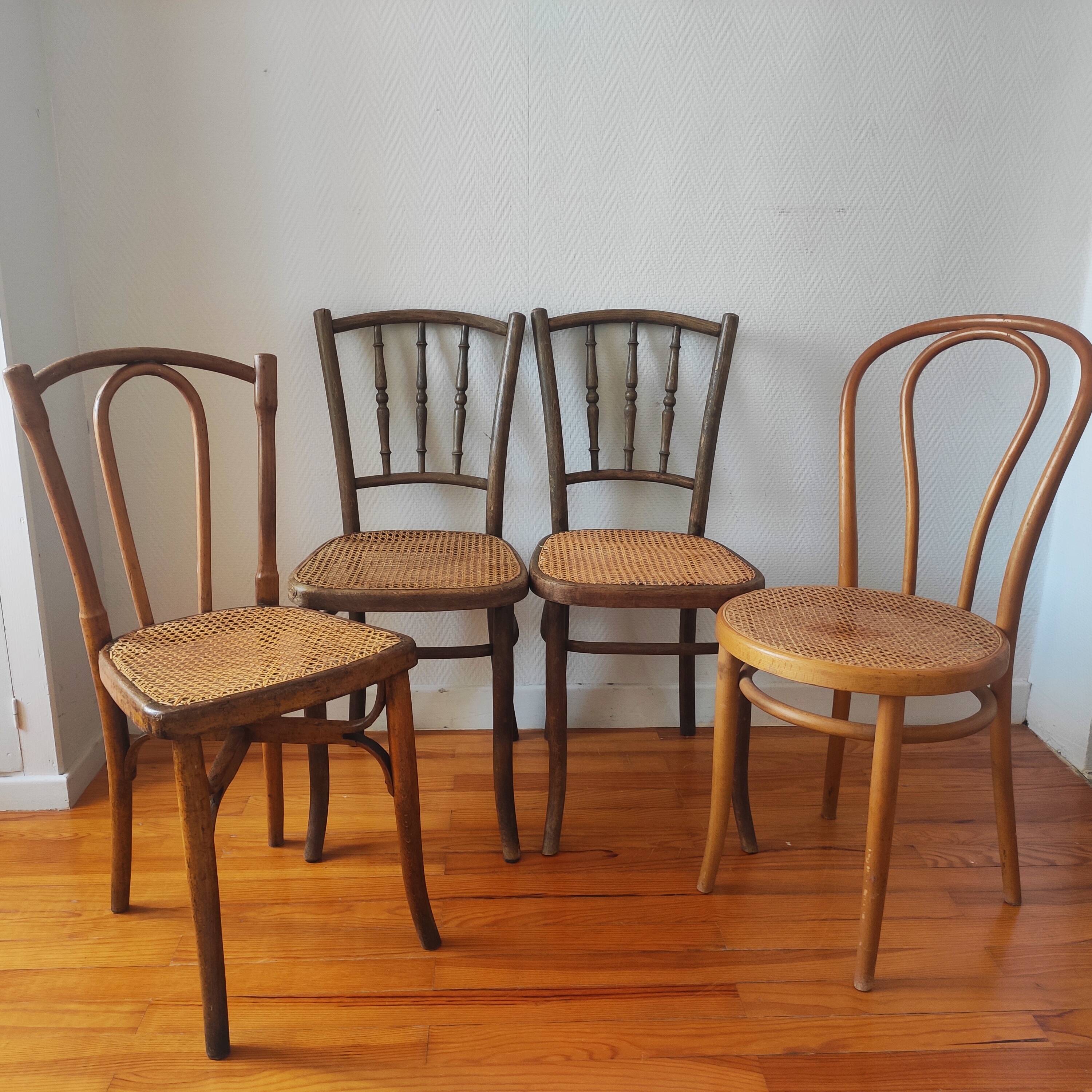 4 chaises de bistrot anciennes dépareillées bois et cannage