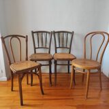 4 chaises de bistrot anciennes dépareillées bois et cannage