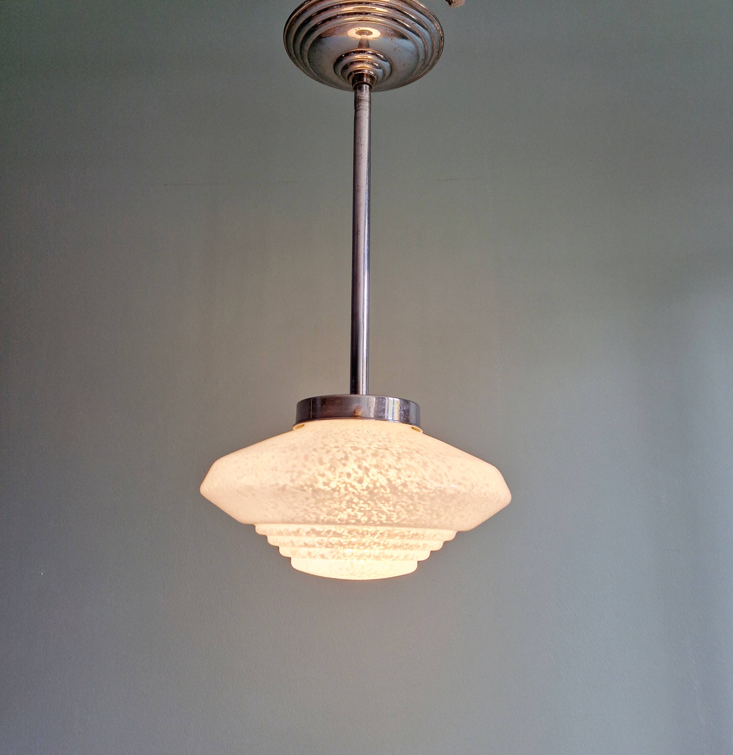 Art Deco pendant light in white speckled glass, 1930s