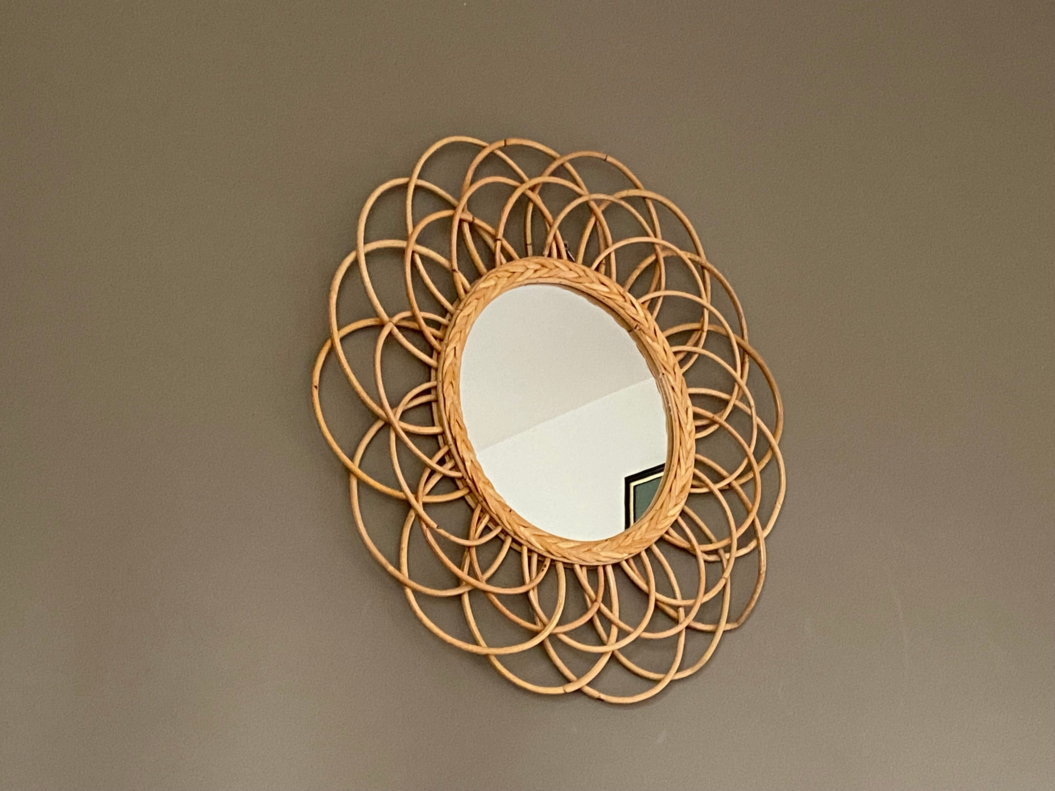 Miroir soleil vintage rotin arqué 55cm