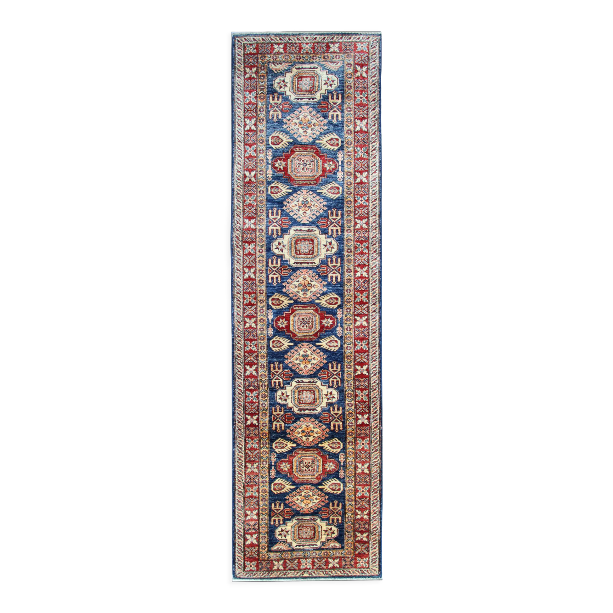 Handmade runner rug traditional kazak carpet rug blue geometric runner